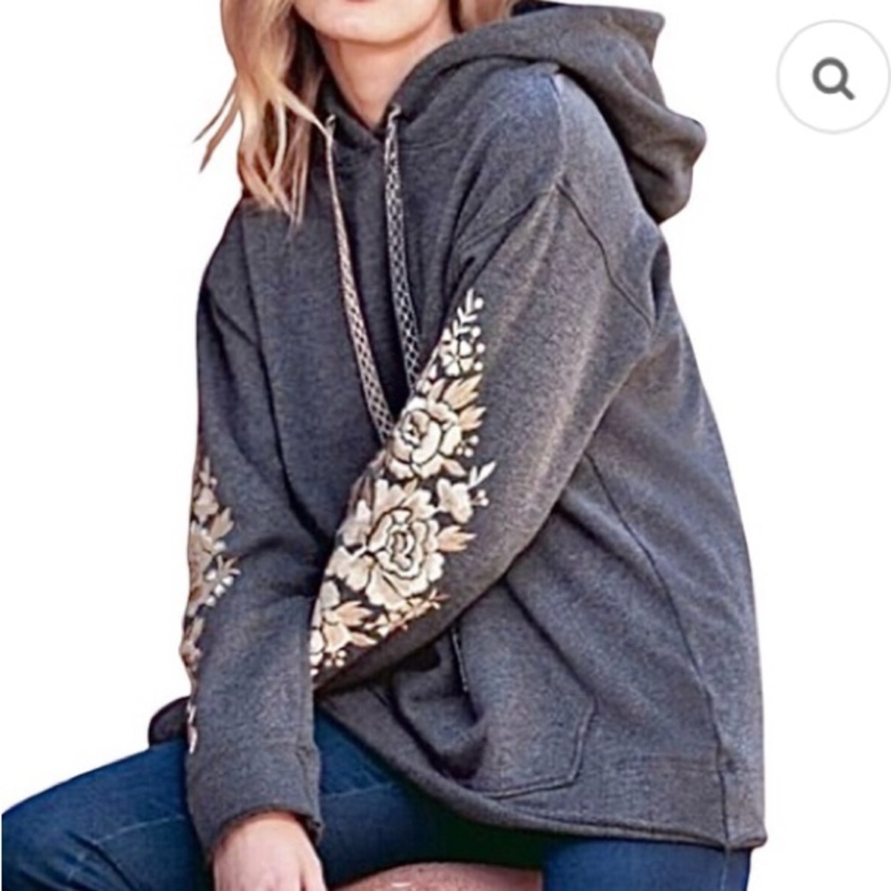 Johnny Was Dark Gray Hoodie with Beige Floral Embroidery